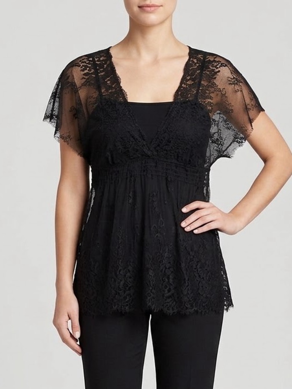 Karen Kane Black Lace Sheer V-Neck Blouse